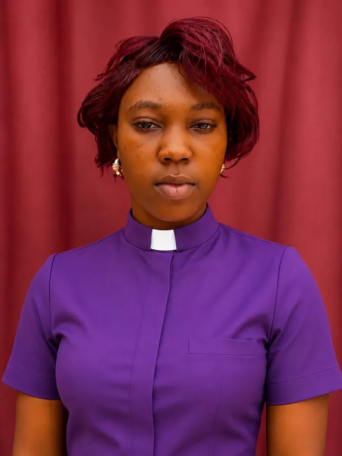 First-cohort student in purple clerical attire against a burgundy backdrop