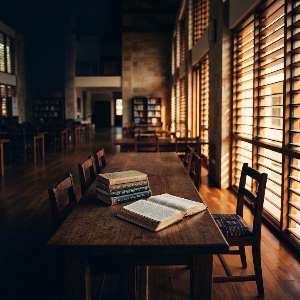 An open Bible and books in a sunlit study setting